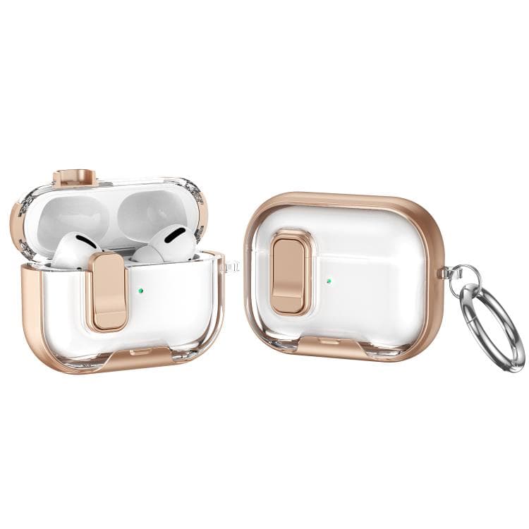 Custodia protettiva trasparente in cristallo con blocco per auricolari Bluetooth AirPods Pro 2 con supporto (Oro) - Immagine 1
