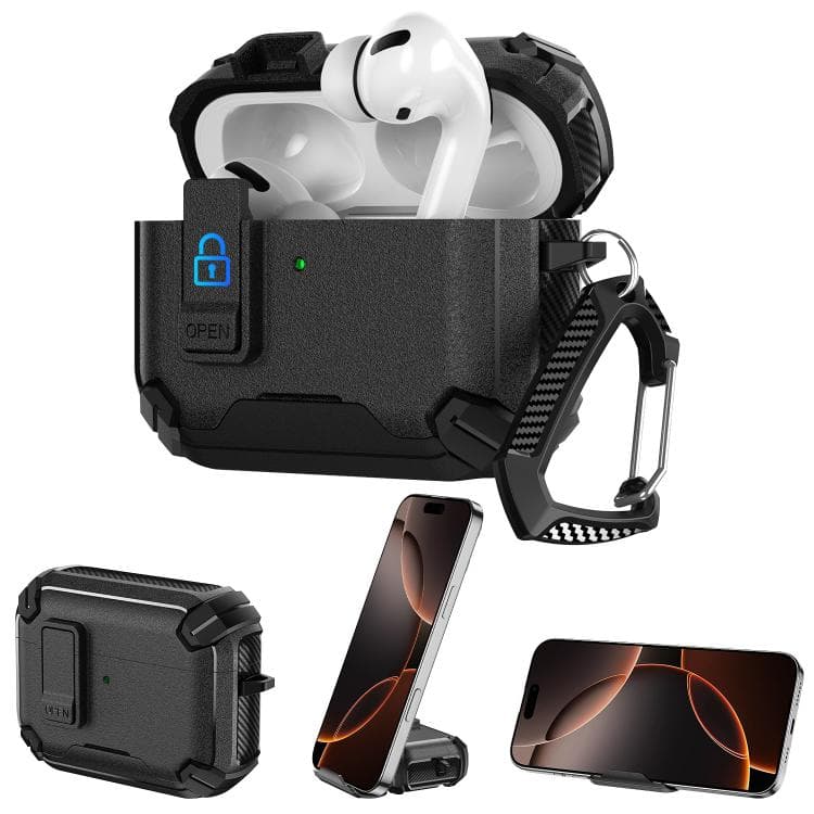 Custodia per AirPods Pro 2 / Pro Explorer con doppio colore, fibra di carbonio, supporto magnetico, auricolari (Nero) - Immagine 1