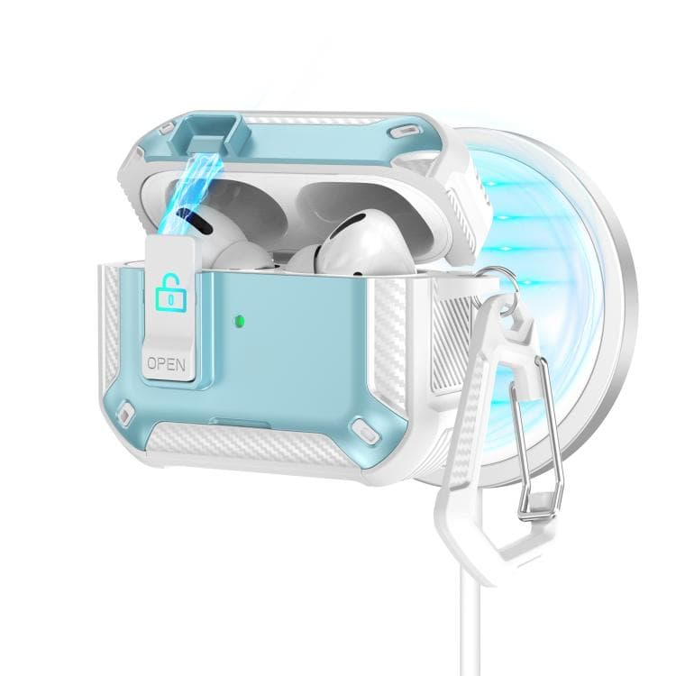 Custodia magnetica MagSafe per auricolari AirPods Pro 2 con supporto e lucchetto di sicurezza, due colori (Bianco Blu) - Immagine 1