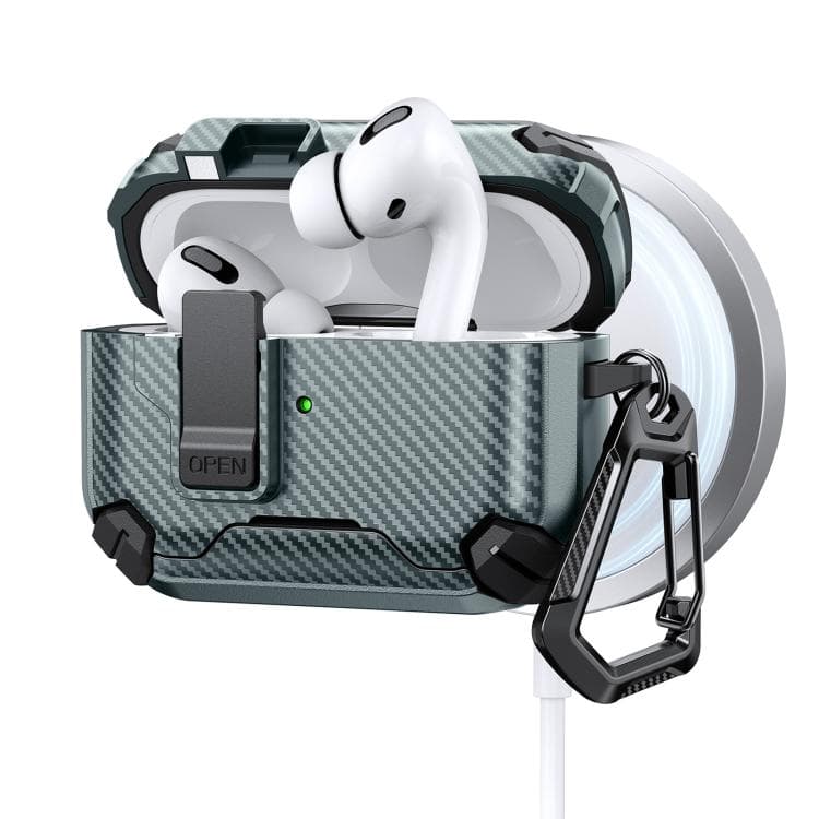 Custodia per auricolari AirPods Pro 2 con supporto magnetico MagSafe bicolore, motivo in fibra di carbonio (Verde) - Immagine 1