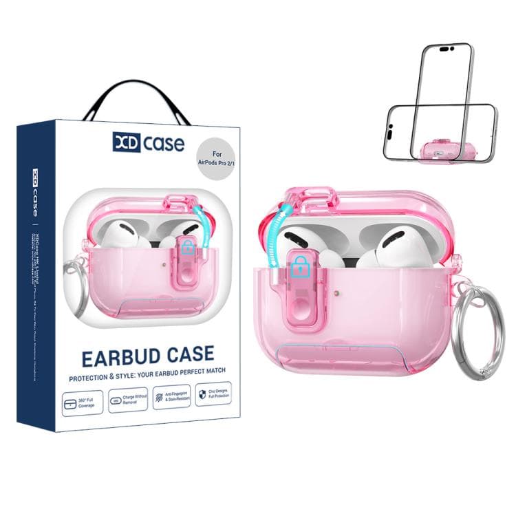 Custodia in TPU trasparente per AirPods Pro 2 XDcase con apertura automatica e moschettone (Rosa Trasparente) - Immagine 1