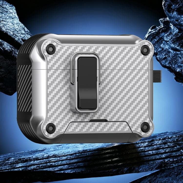 Custodia protettiva per auricolari con supporto pieghevole a forma di aquila in fibra di carbonio per AirPods Pro 3 (Argento) - Immagine 1