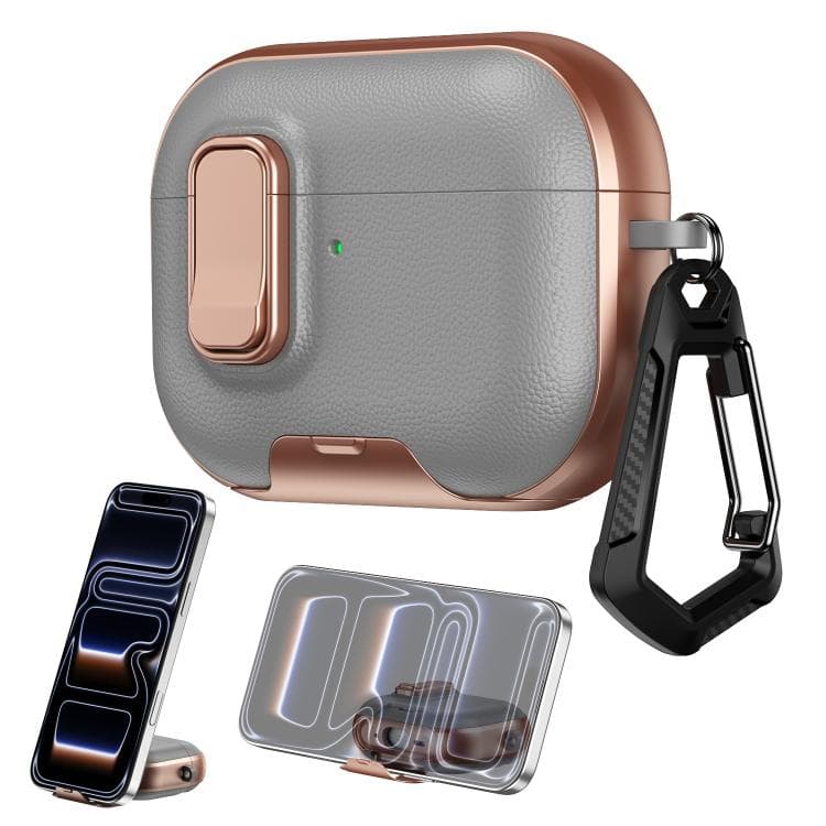 Custodia per auricolari AirPods Pro 3 con texture litchi, supporto e lucchetto di sicurezza (Grigio Rosa Oro) - Immagine 1