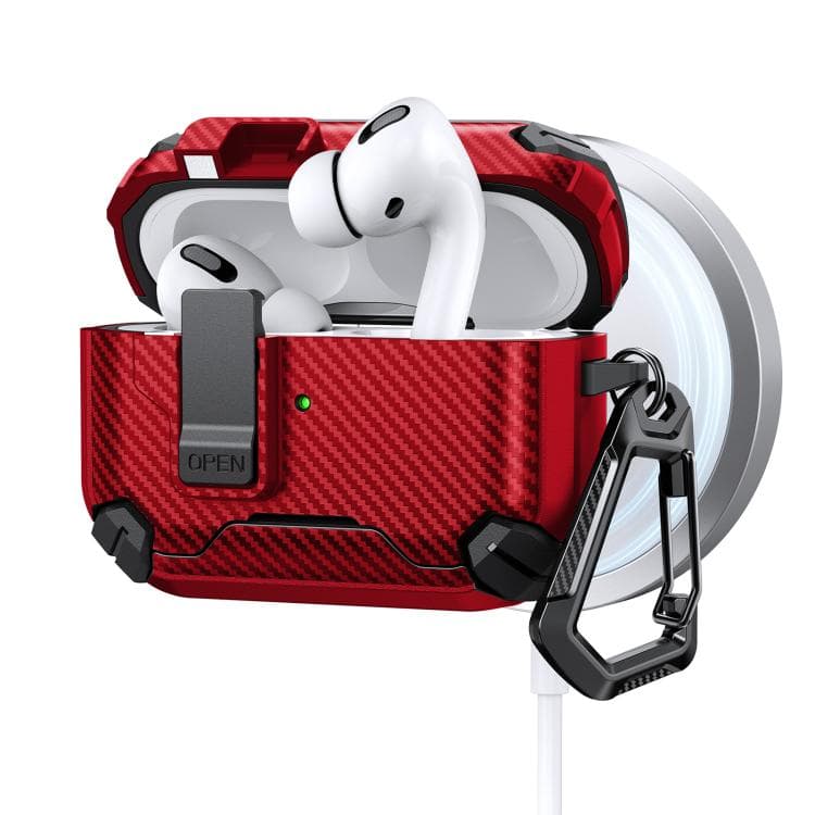 Custodia per auricolari con motivo in fibra di carbonio, supporto magnetico MagSafe bicolore per AirPods Pro 3 (Rosso) - Immagine 1