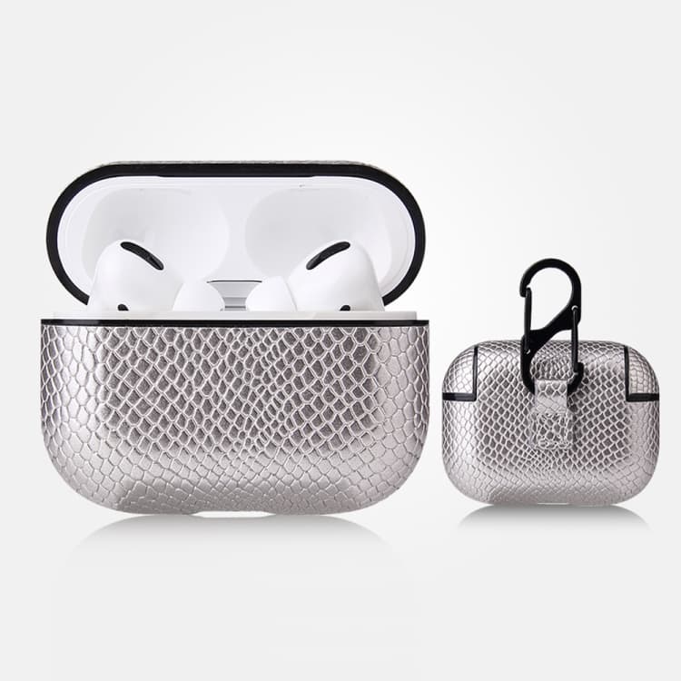 Custodia protettiva in PU con texture similpelle antiscivolo per AirPods Pro con moschettone (Argento) - Immagine 1