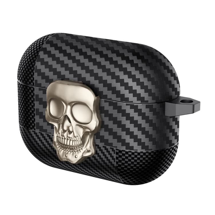 Custodia protettiva per auricolari Bluetooth AirPods Pro con motivo in fibra di carbonio e lucchetto a teschio (Oro) - Immagine 1