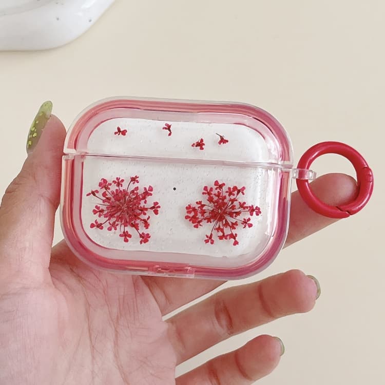 Custodia in TPU per AirPods Pro con glitter, fiocchi di neve, fiori secchi e ciondolo (Rosso) - Immagine 1