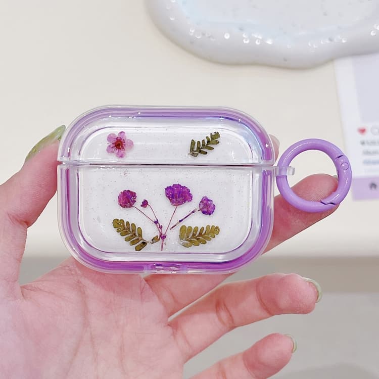 Custodia in TPU per AirPods Pro con fiori secchi, glitter e stelle, viola - Immagine 1