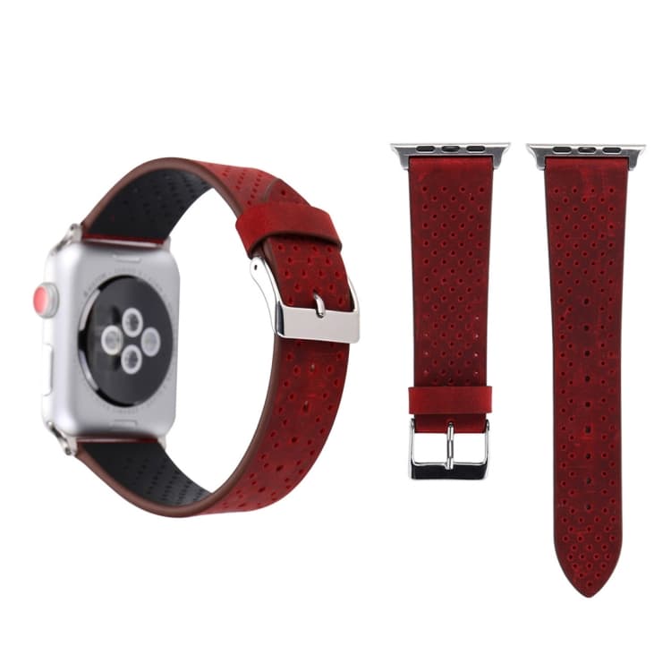 Per Apple Watch Series 10 42mm / 9&8&7 41mm / SE 3&SE 2&6&SE&5&4 40mm / 3&2&1 38mm Cinturino in Pelle Genuina con Fori, Moda Semplice (Rosso) - Immagine 1
