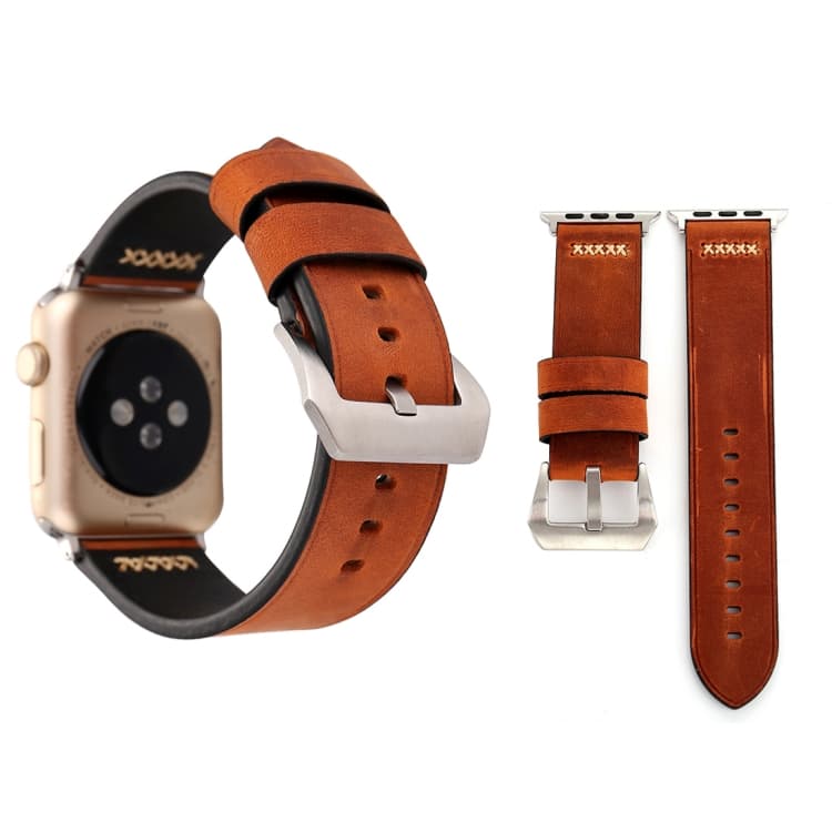 Per Apple Watch Ultra 49mm e Watch Ultra 2 49mm / Series 10 46mm / 9&8&7 45mm / SE 3&SE 2&6&SE&5&4 44mm / 3&2&1 42mm Cinturino per Orologio da Polso in Pelle Genuina con Motivo a Linee Retro XX (Caffè) - Immagine 1