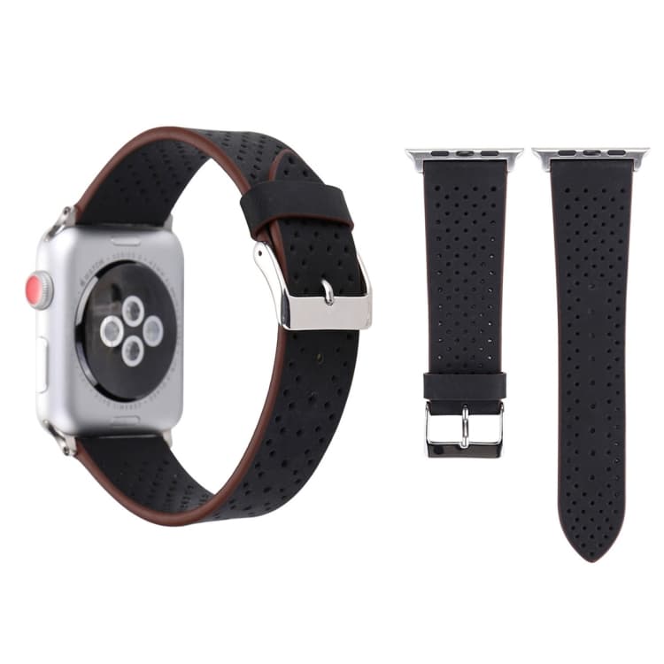 Per Apple Watch Ultra 49mm e Watch Ultra 2 49mm / Series 10 46mm / 9&8&7 45mm / SE 3&SE 2&6&SE&5&4 44mm / 3&2&1 42mm Cinturino in Pelle Genuina con Motivo Forato, Semplice e alla Moda (Nero) - Immagine 1