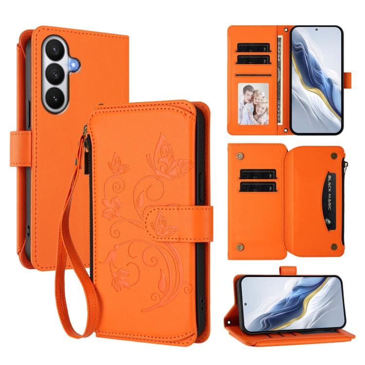 For Galaxy S26 5G Butterfly Love Flower Multi-card Zipper Wallet Leather Phone Case(Orange) - Immagine 1