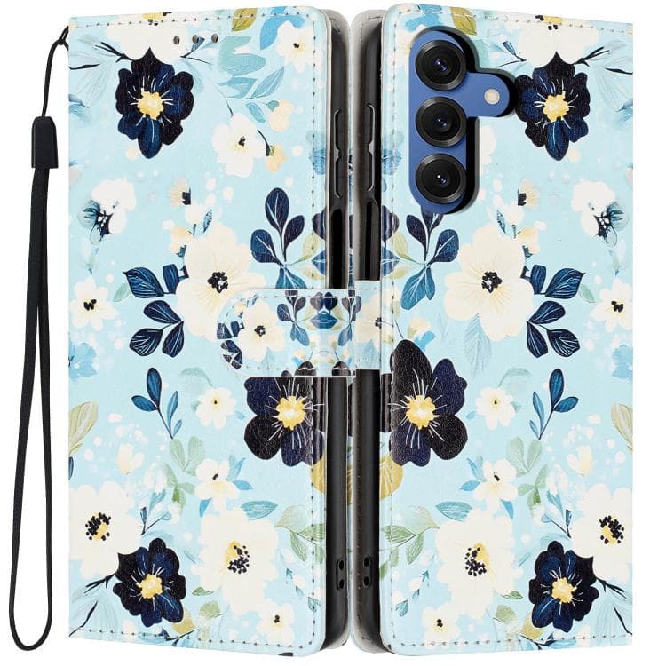 For Galaxy S26 5G Colorful Painting Vegan Leather Phone Case with Lanyard(Blue Background Flower) - Immagine 1