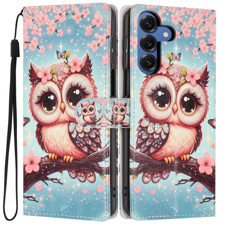 For Galaxy S26 5G Colorful Painting Vegan Leather Phone Case with Lanyard(Cherry Blossom Owl) - Immagine 1