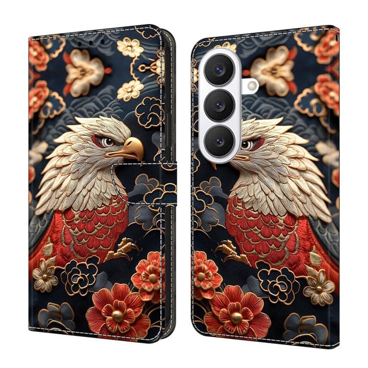 For Galaxy S26 5G Crystal-Like Painted Vegan Leather Phone Case(Eagle and Flowers) - Immagine 1