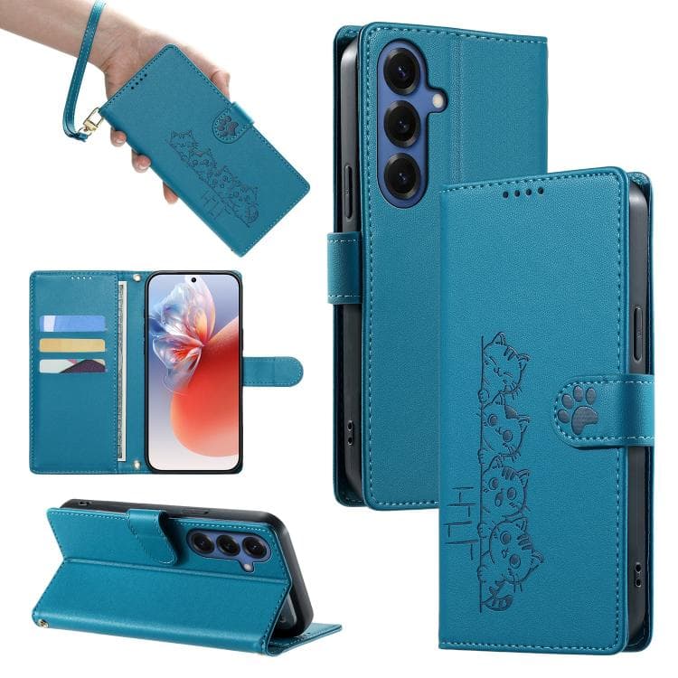 For Galaxy S26 5G Cute Cats Magnetic Closure Vegan Leather Phone Case with Strap(Blue) - Immagine 1