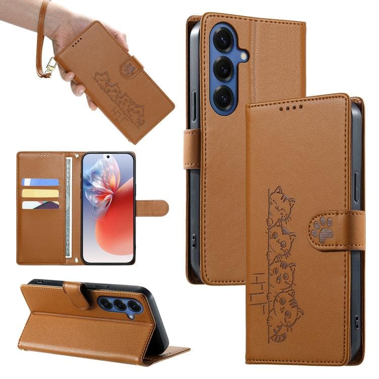 For Galaxy S26 5G Cute Cats Magnetic Closure Vegan Leather Phone Case with Strap(Brown) - Immagine 1