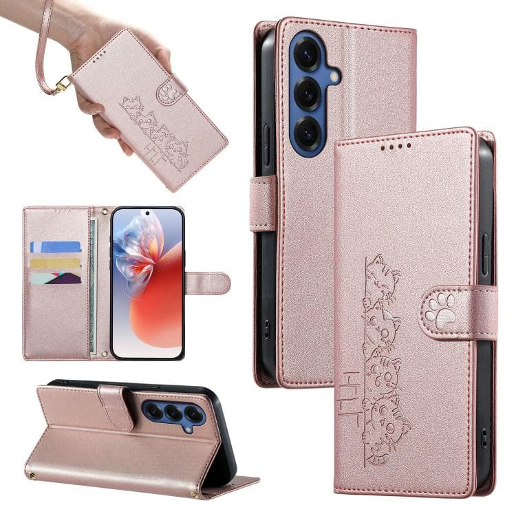 For Galaxy S26 5G Cute Cats Magnetic Closure Vegan Leather Phone Case with Strap(Rose Gold) - Immagine 1