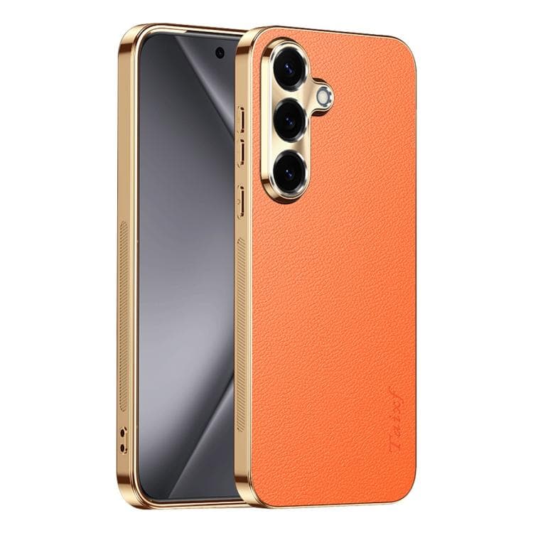 For Galaxy S26 5G Electroplated Frame Litchi Texture PC + TPU Vegan Leather Phone Case(Orange) - Immagine 1