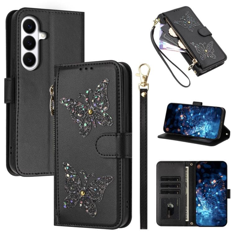 For Galaxy S26 5G Glitter Butterfly Zipper Vegan Leather Phone Case with Wrist Strap(Black) - Immagine 1