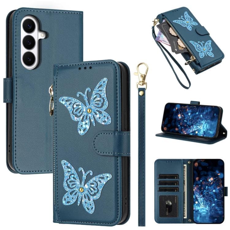 For Galaxy S26 5G Glitter Butterfly Zipper Vegan Leather Phone Case with Wrist Strap(Blue) - Immagine 1