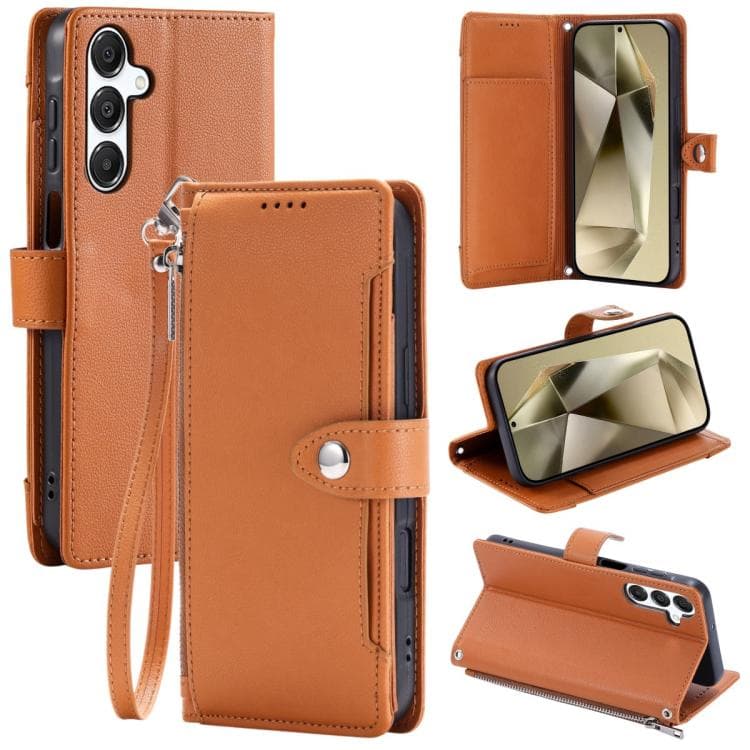 For Galaxy S26 5G Litchi Texture Zipper Wallet Buckle Vegan Leather Phone Case with Wrist Strap(Brown) - Immagine 1