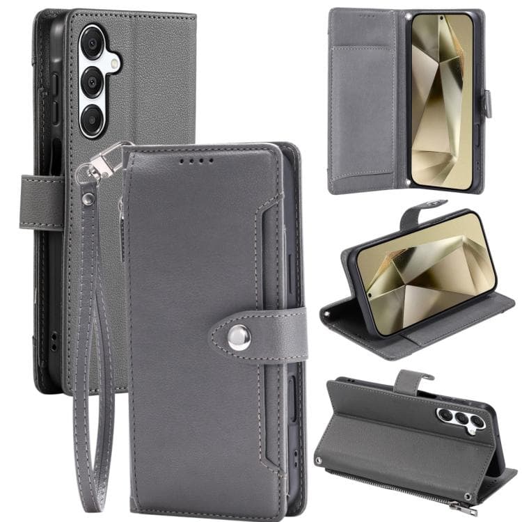 For Galaxy S26 5G Litchi Texture Zipper Wallet Buckle Vegan Leather Phone Case with Wrist Strap(Grey) - Immagine 1