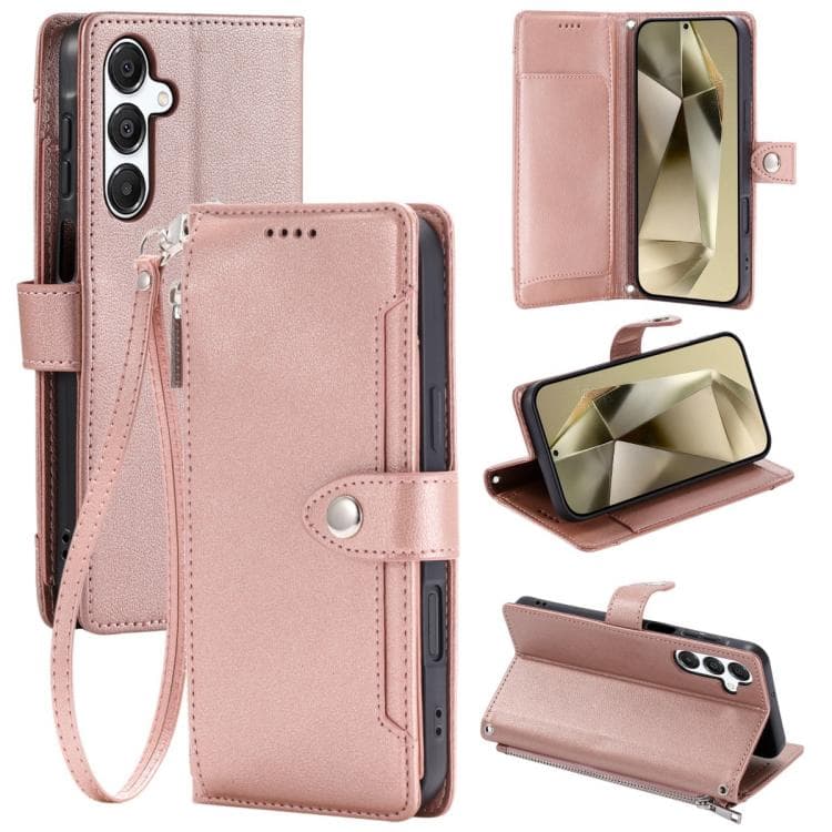 For Galaxy S26 5G Litchi Texture Zipper Wallet Buckle Vegan Leather Phone Case with Wrist Strap(Rose Gold) - Immagine 1