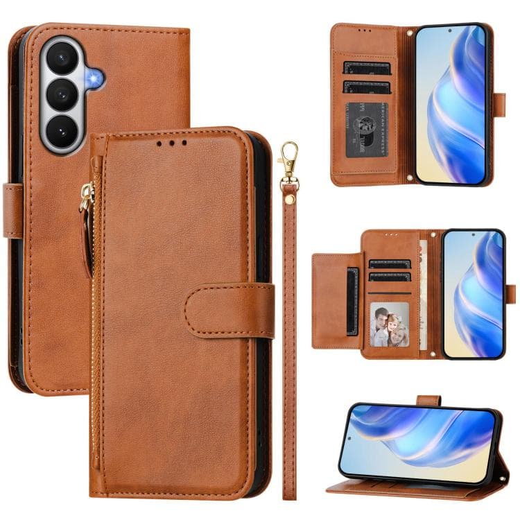 For Galaxy S26 5G Multi-Card Slots Zipper Wallet Leather Phone Case(Brown) - Immagine 1