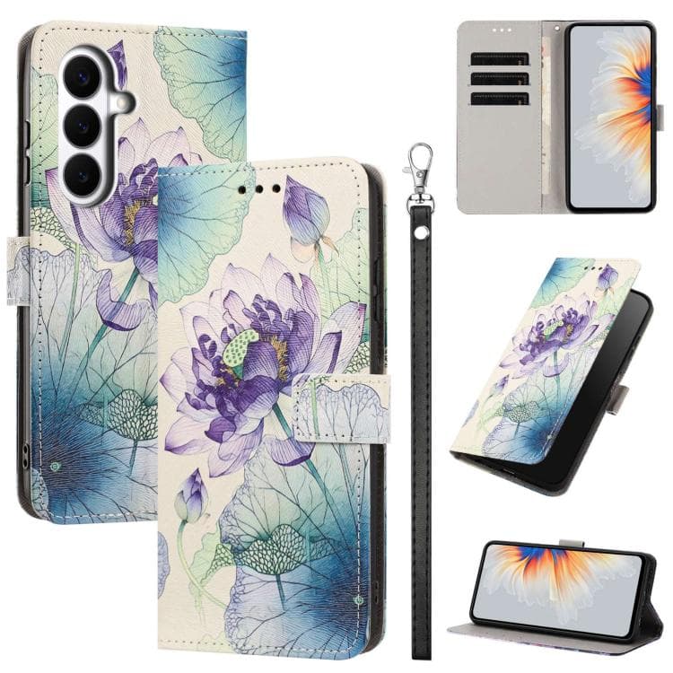 For Galaxy S26 5G Painted Pattern Vegan Leather Phone Case with Strap(Purple Lotus) - Immagine 1