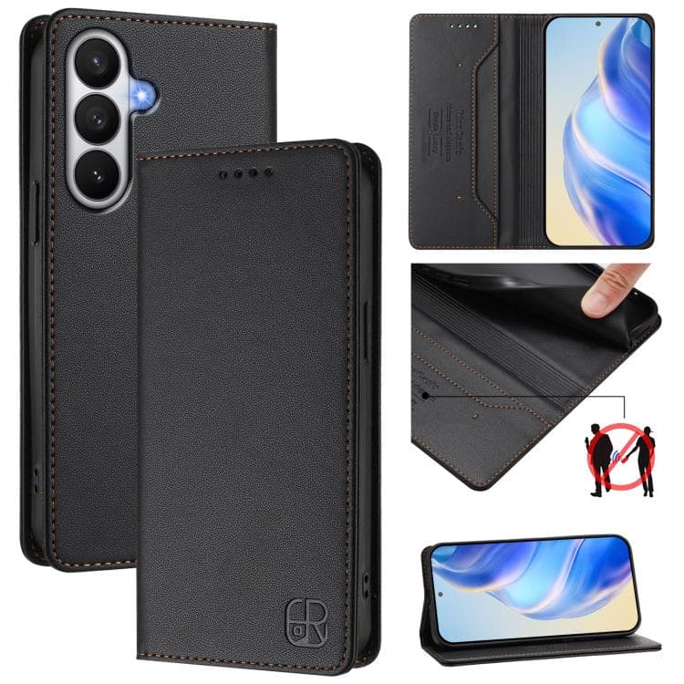 For Galaxy S26 5G RC01 Dual-Folded Magnetic Suction RFID Leather Phone Case(Black) - Immagine 1