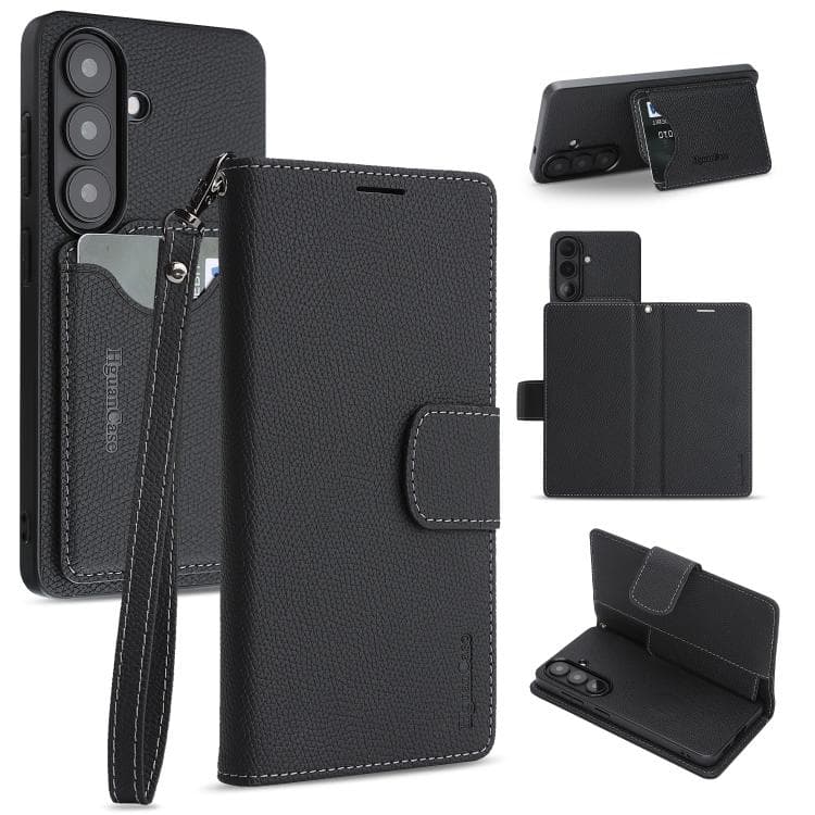 For Galaxy S26 5G Retro Litchi Texture Vegan Leather Magnetic Wallet Phone Case with Wrist Strap(Black) - Immagine 1