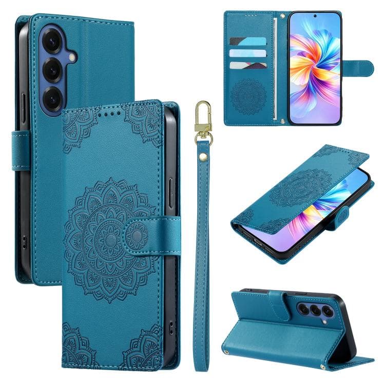 For Galaxy S26 5G Totem Embossed Magnetic Closure Vegan Leather Phone Case with Strap(Blue) - Immagine 1