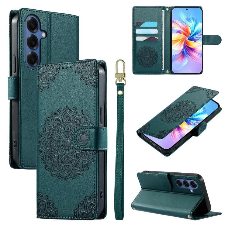 For Galaxy S26 5G Totem Embossed Magnetic Closure Vegan Leather Phone Case with Strap(Dark Green) - Immagine 1