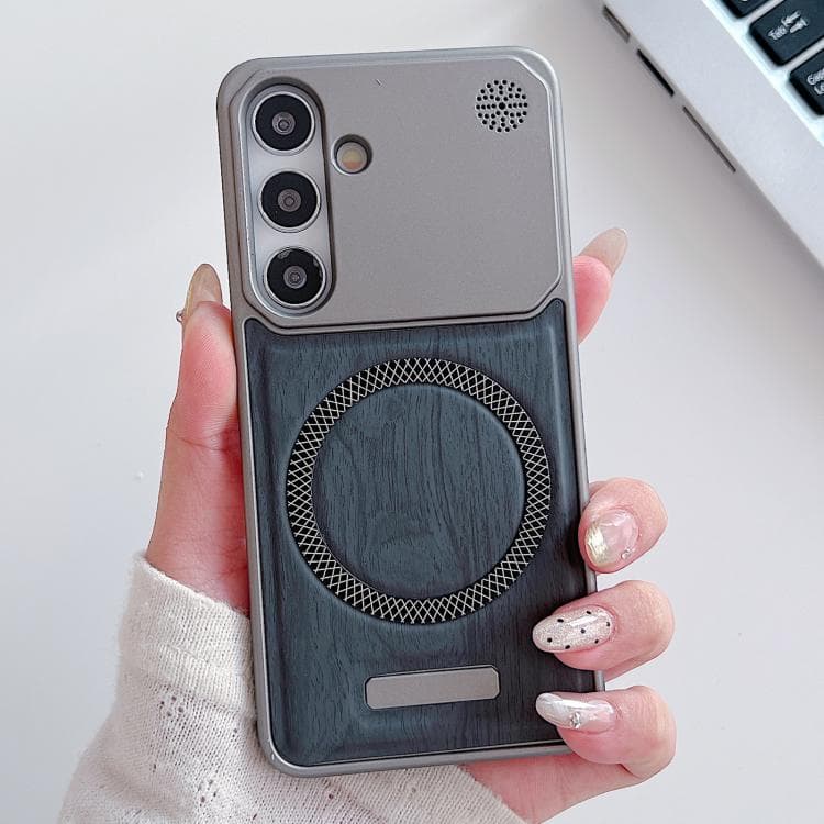 For Galaxy S26 5G Wood Grain Magnetic PC Shockproof Phone Case(Dark Gray) - Immagine 1