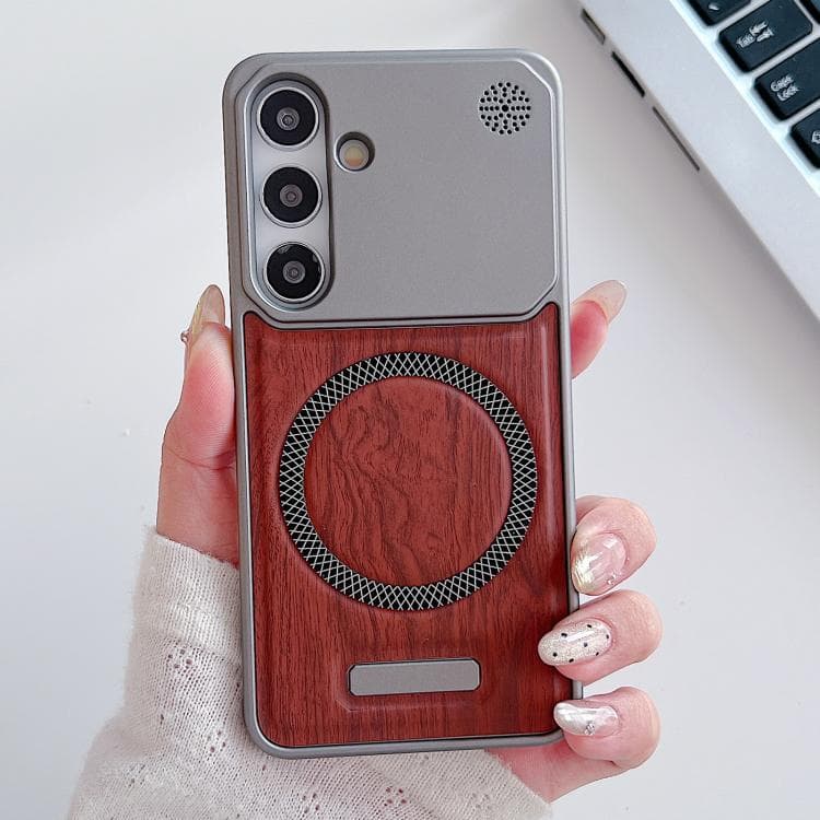 For Galaxy S26 5G Wood Grain Magnetic PC Shockproof Phone Case(Red Poplar) - Immagine 1