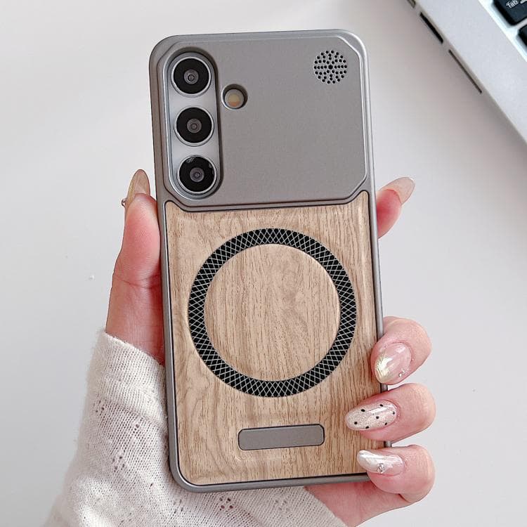 For Galaxy S26 5G Wood Grain Magnetic PC Shockproof Phone Case(Yellow Coconut) - Immagine 1