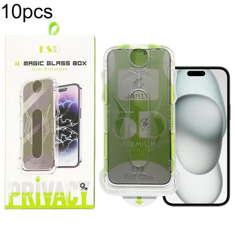 For iPhone 16 / 15 10pcs 5D Curved Easy Install Dust-proof Box Privacy Tempered Glass Film - Immagine 1
