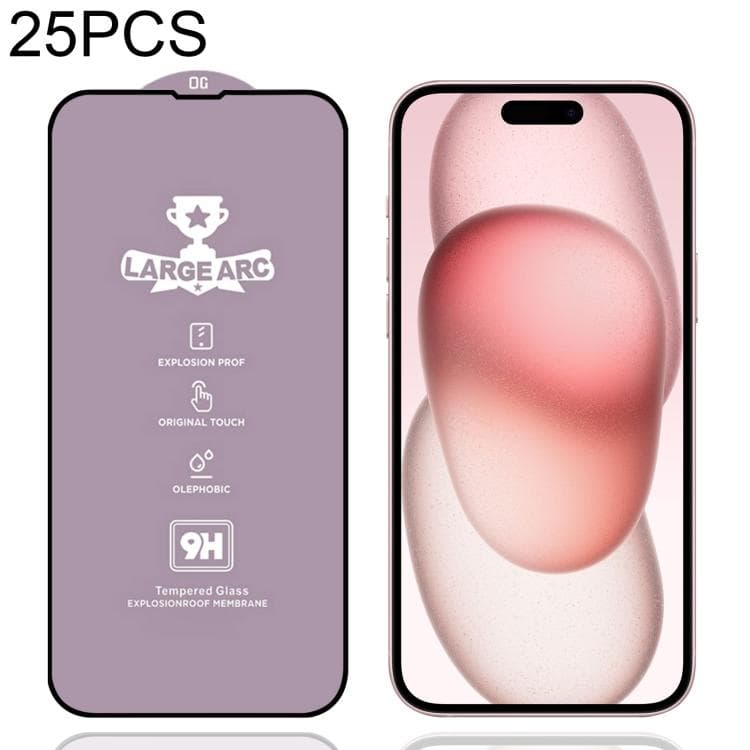 For iPhone 16 / 15 25pcs 9H 0.4mm High Aluminum Large Arc Tempered Glass Film - Immagine 1