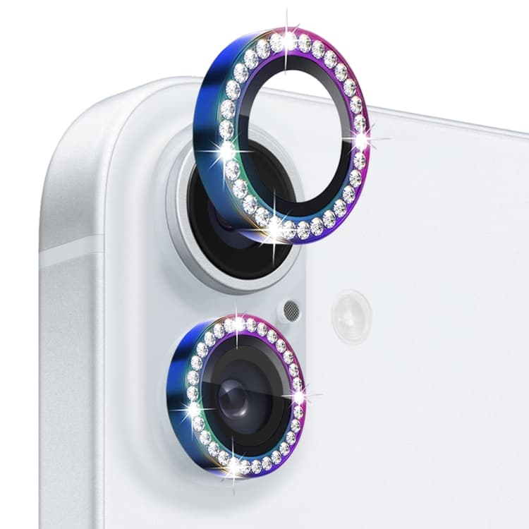For iPhone 16 / 16 Plus NORTHJO Rhinestone Camera Lens Protector Tempered Glass Metal Ring Film(Colorful) - Immagine 1