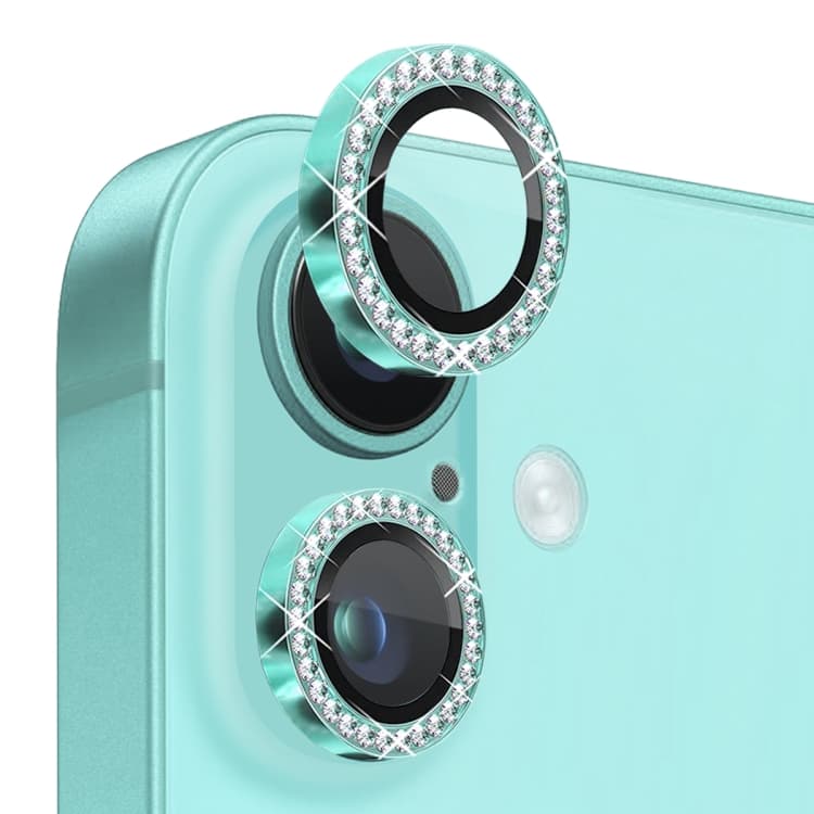 For iPhone 16 / 16 Plus NORTHJO Rhinestone Camera Lens Protector Tempered Glass Metal Ring Film(Cyan) - Immagine 1