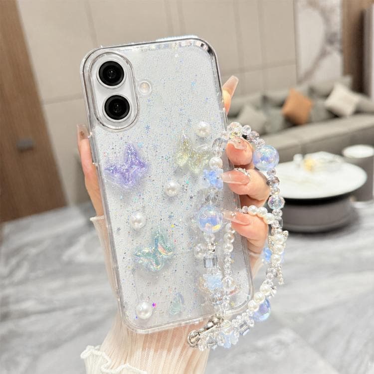 For iPhone 16 3D Four-Butterfly Glitter Epoxy TPU Phone Case with Bracelet Chain(Blue) - Immagine 1