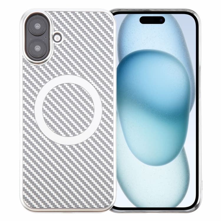 For iPhone 16 6D Plated Carbon Fiber Clear Magsafe PC Phone Case(Starlight Silver) - Immagine 1