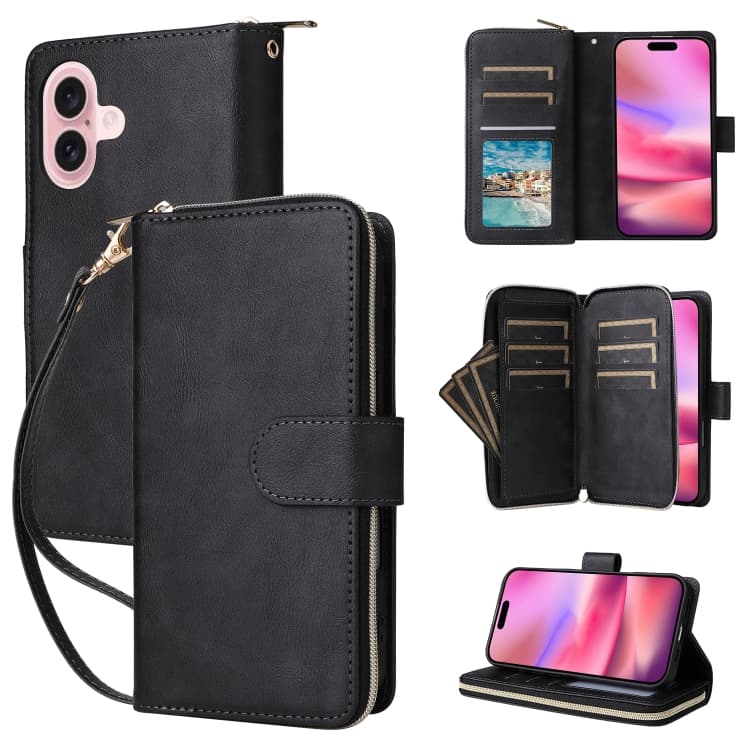 For iPhone 16 9 Card Slots Zipper Wallet Bag Leather Phone Case(Black) - Immagine 1
