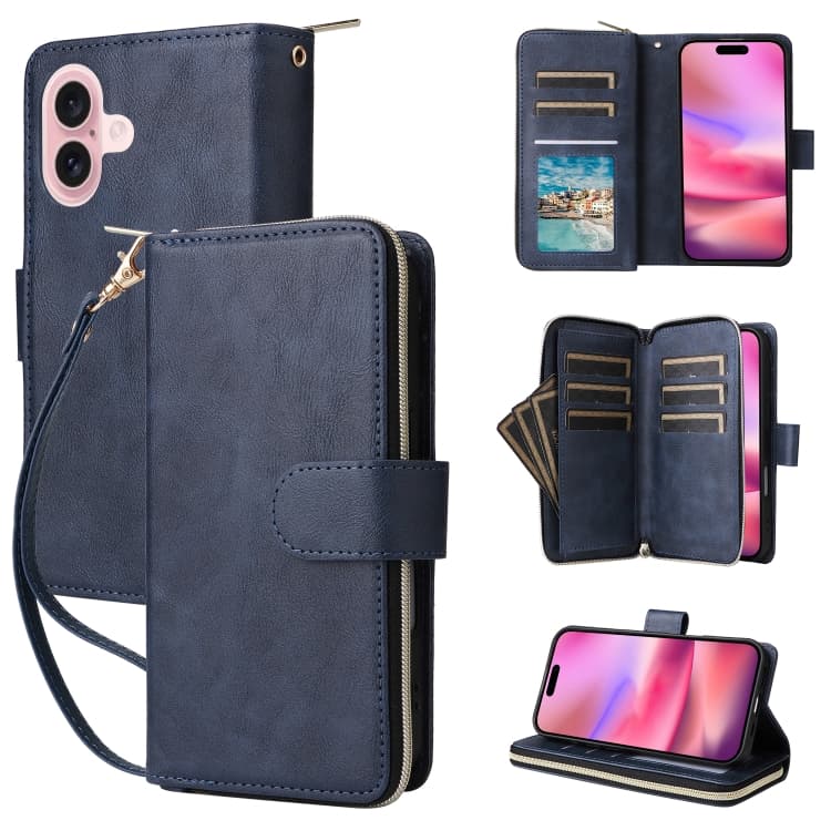For iPhone 16 9 Card Slots Zipper Wallet Bag Leather Phone Case(Blue) - Immagine 1