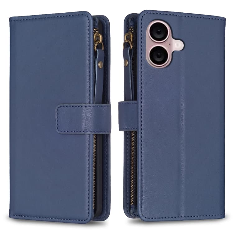 Portafoglio con cerniera per iPhone 16, custodia flip in pelle con 9 slot per carte (Blu) - Immagine 1