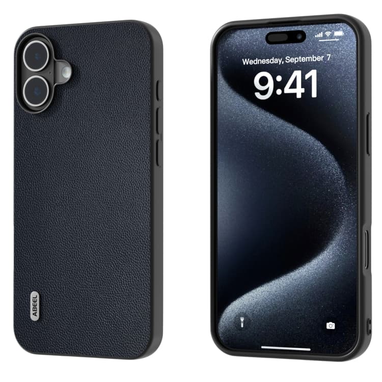 For iPhone 16 ABEEL Black Frame Genuine Leather Elegant Phone Case(Blue) - Immagine 1