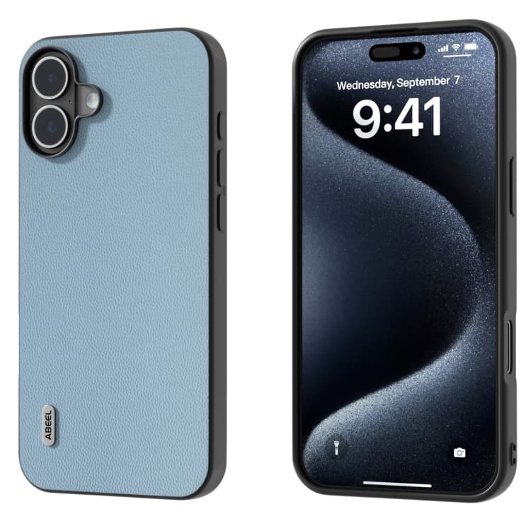 For iPhone 16 ABEEL Black Frame Genuine Leather Elegant Phone Case(Sky Blue) - Immagine 1