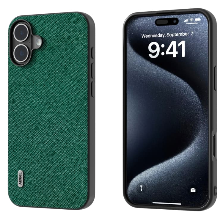Fondina per iPhone 16 ABEEL in pelle genuina con texture incrociata (Verde) - Immagine 1