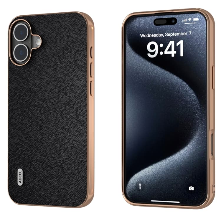 For iPhone 16 ABEEL Electroplated Frame Genuine Leather Elegant Phone Case(Black) - Immagine 1